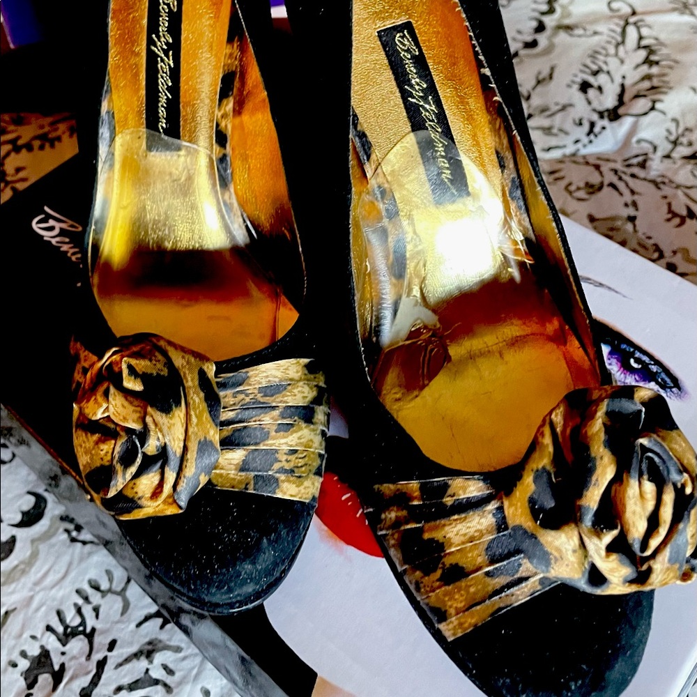 Beverly Feldman black suede with cheetah print rose